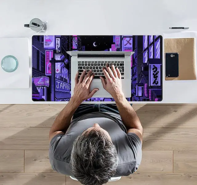 Alt view image 5 of 6 - Tokyo Street Desk Pad Purple, Cute Retro Large Gaming Mouse Pad, Japanese Anime Laptop Keyboard Mouse Mat XXL, Aesthetic Neon Pixel Skyline/City Desk Mat, Desk Decor Pads for Women 31.5"x15.75"