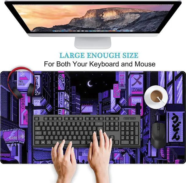 Alt view image 3 of 6 - Tokyo Street Desk Pad Purple, Cute Retro Large Gaming Mouse Pad, Japanese Anime Laptop Keyboard Mouse Mat XXL, Aesthetic Neon Pixel Skyline/City Desk Mat, Desk Decor Pads for Women 31.5"x15.75"