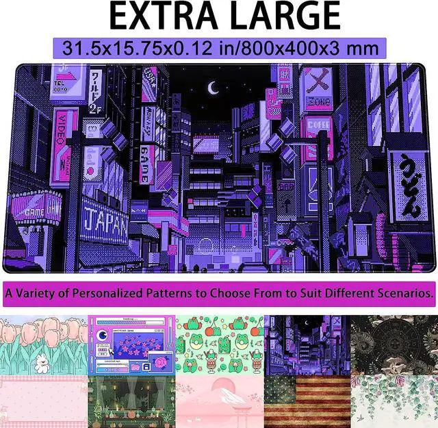 Alt view image 2 of 6 - Tokyo Street Desk Pad Purple, Cute Retro Large Gaming Mouse Pad, Japanese Anime Laptop Keyboard Mouse Mat XXL, Aesthetic Neon Pixel Skyline/City Desk Mat, Desk Decor Pads for Women 31.5"x15.75"