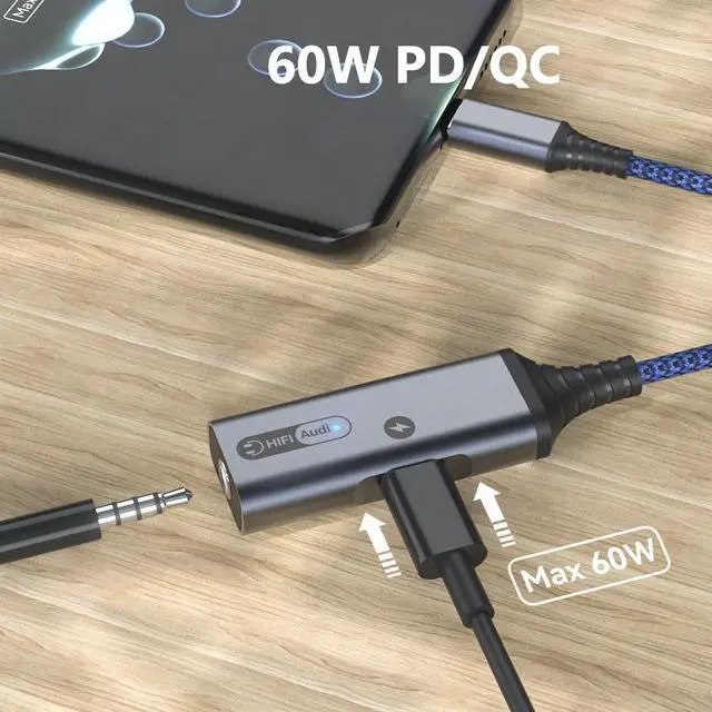 Alt view image 3 of 7 - USB C to 3.5mm Headphone and Charger Adapter, 2-in-1 USB C to AUX Mic Jack with PD 60W Fast Charging for Stereo, Earphones,Compatible with Samsung Galaxy S22/Note20, Pixel 6, iPad Pro 2021