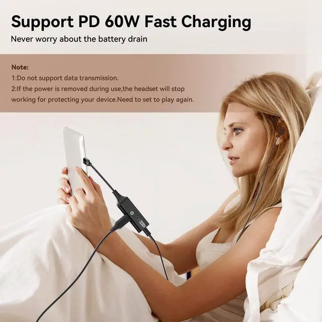 Alt view image 4 of 7 - USB C to 3.5mm Headphone and Charger Adapter, 2-in-1 USB C to AUX Mic Jack with PD 60W Fast Charging for Stereo, Earphones,Compatible with Samsung Galaxy S22/Note20, Pixel 6, iPad Pro 2021 Black