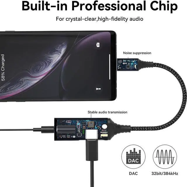Alt view image 3 of 7 - USB C to 3.5mm Headphone and Charger Adapter, 2-in-1 USB C to AUX Mic Jack with PD 60W Fast Charging for Stereo, Earphones,Compatible with Samsung Galaxy S22/Note20, Pixel 6, iPad Pro 2021 Black