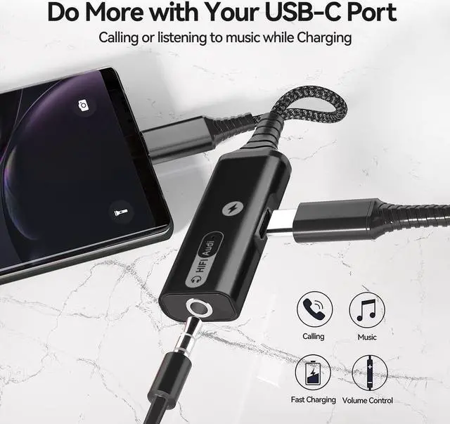 Alt view image 2 of 7 - USB C to 3.5mm Headphone and Charger Adapter, 2-in-1 USB C to AUX Mic Jack with PD 60W Fast Charging for Stereo, Earphones,Compatible with Samsung Galaxy S22/Note20, Pixel 6, iPad Pro 2021 Black