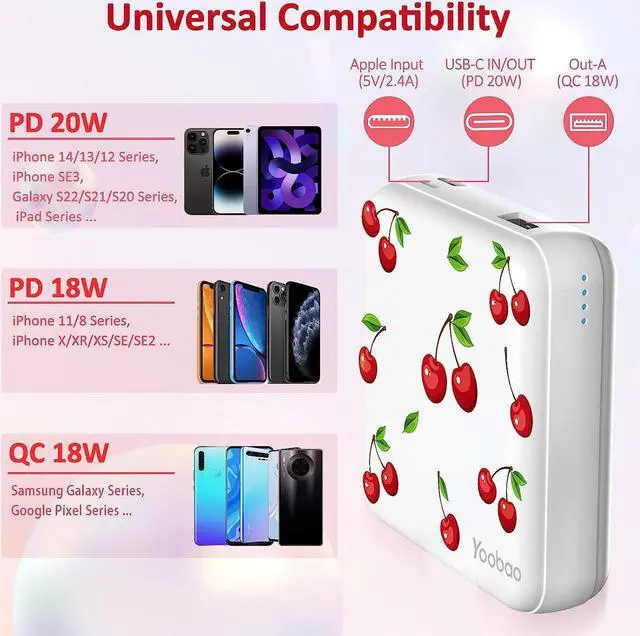 Alt view image 6 of 7 - Yoobao Portable Charger 10000mAh, USB-C (in & Out) 20W Fast Charging Mini Power Bank Cute Stuff for Girls, PD3.0+QC4.0 Cell Phone Battery Pack for iPhone 14/13/12, iPad, Samsung Google (Cherry White)