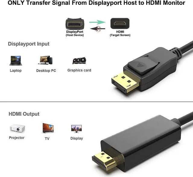 Alt view image 2 of 7 - DisplayPort to HDMI 6 Feet Gold-Plated Cable, Display Port to HDMI Adapter Male to Male Black 1Pack