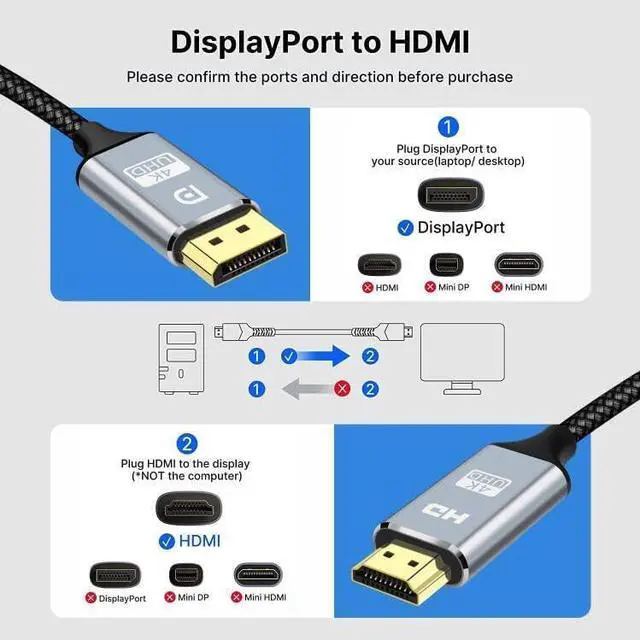 Alt view image 3 of 6 - 4K DisplayPort to HDMI Cable 3.3FT,[Aluminum Shell,Nylon Braided]High Speed,UHD(1440P 60Hz,1080P 120Hz) Unidirectional DP to HDMI Cable Cord for Dell,Monitor,Projector,Desktop, AMD,NVIDIA,Lenovo,HP