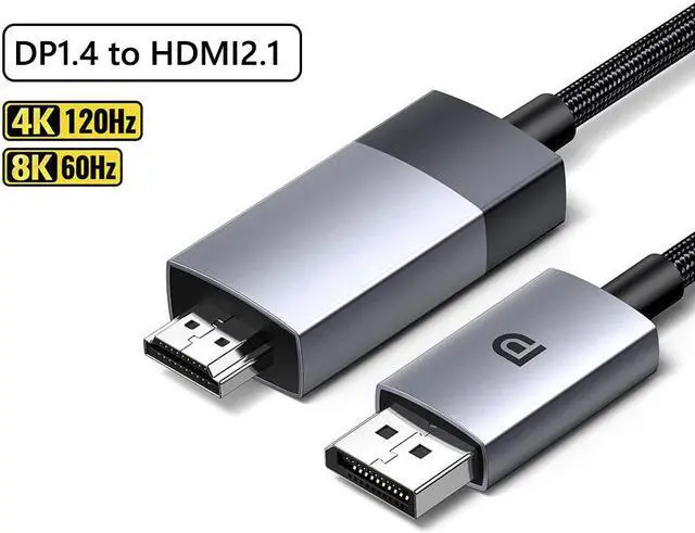 Main image of DisplayPort to HDMI Cable 8K@60Hz HDR Active DP to HDMI Cord Aluminum Braided Uni-Directional Display Port 1.4 to HDMI2.1 Converter 4.9FT Compatible with Monitor, Projector, Dell, Lenovo, HP