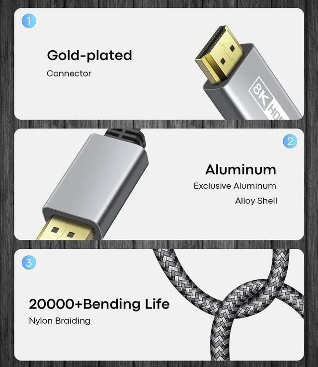 Alt view image 6 of 7 - DisplayPort to HDMI Cable Adapter [8K@60Hz,4K@144Hz,2K@165Hz] 6FT Uni-Directional DP 1.4 to HDMI 2.1 Braided Cord Support HDCP 2.3/HDR/DSC 1.2 for HP,Lenovo,Dell,AMD,NVIDIA and More