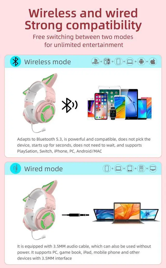 Alt view image 4 of 7 - CORN Wireless Bluetooth 5.3 Headset Fox Cat Ear Headphones Luminescence Esports Game Live Big EarMask APP Intelligence Earphones White