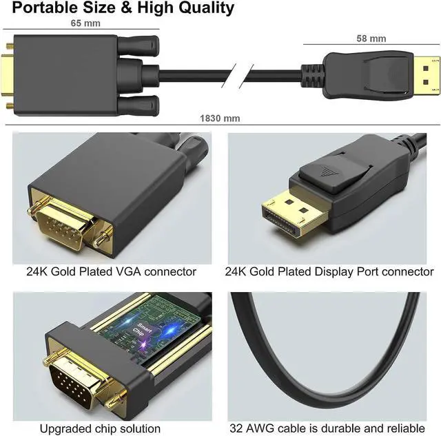 Alt view image 6 of 7 - DisplayPort to VGA Adapter, DP DisplayPort to VGA 6 Feet Cable Male to Male Gold-Plated Cord Compatible for Lenovo, Dell, HP, ASUS and Other Brand