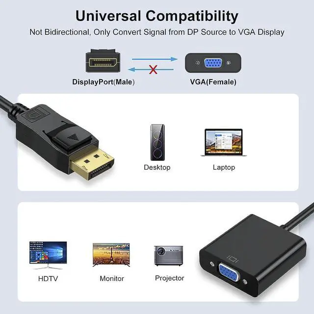 Alt view image 7 of 7 - DisplayPort to VGA Adapter, Display Port DP to VGA Cable Male to Female Adapter Cord Compatible with Computer, PC, Laptop, Monitor, Projector and More (Not Bidirectional)