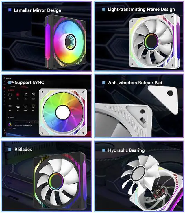 Alt view image 3 of 7 - Mirror 120mm PC Case Fan, 5V3Pin ARGB SYNC &PWM Computer Cooling Chassis Fan, 4Pin Motherboard CPU Fan, Lamellar Mirrior, Lighting-transmitting Frame, Hydraulic Bearing Black  1 Pack
