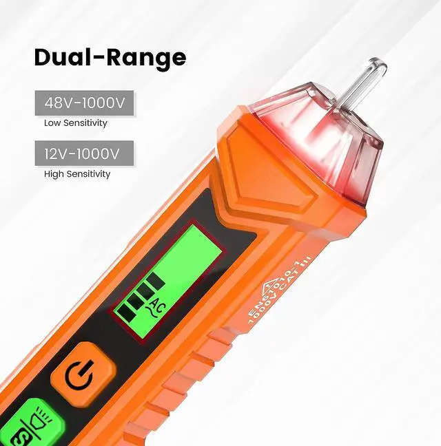 Alt view image 3 of 7 - CORN Voltage Tester/Non-Contact Voltage Tester with Dual Range AC 12V-1000V/48V-1000V, Live/Null Wire Tester, Electrical Tester with LCD Display, Buzzer Alarm, Wire Breakpoint Finder-Orange