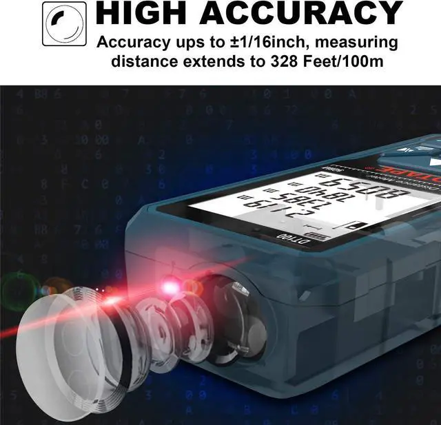 Alt view image 6 of 7 - Laser Measure 328 Feet Digital Laser Tape Measure M/in/Ft Unit Switching Backlit LCD and Pythagorean Mode, Measure Distance, Area and Volume - Hand Strap and Battery Included DT100