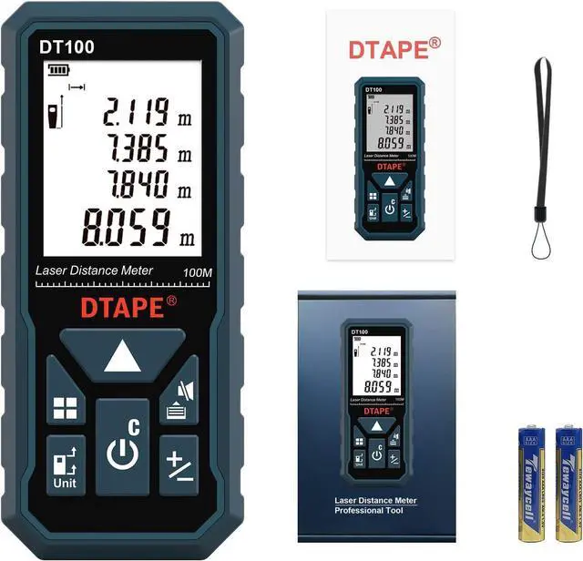Alt view image 7 of 7 - Laser Measure 328 Feet Digital Laser Tape Measure M/in/Ft Unit Switching Backlit LCD and Pythagorean Mode, Measure Distance, Area and Volume - Hand Strap and Battery Included DT100