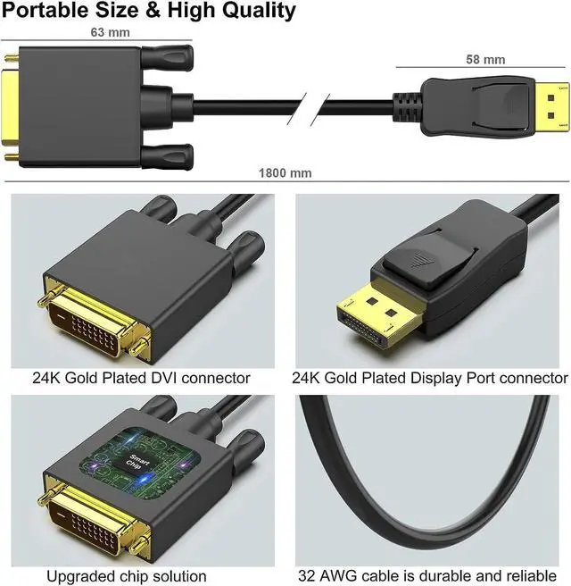 Alt view image 6 of 7 - DisplayPort to DVI 6 Feet Cable, DisplayPort to DVI Adapter Male to Male Gold-Plated Cord Cable for Lenovo, Dell, HP and More
