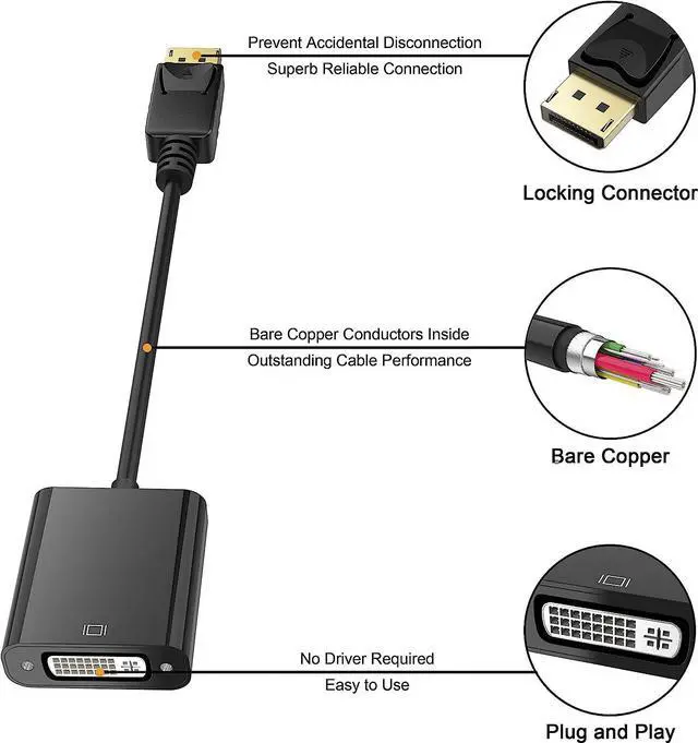 Alt view image 3 of 7 - DisplayPort (DP) to DVI Adapter, Gold-Plated Display Port to DVI-D Adapter (Male to Female) Compatible with Computer, Desktop, Laptop, PC, Monitor, Projector, HDTV - Black