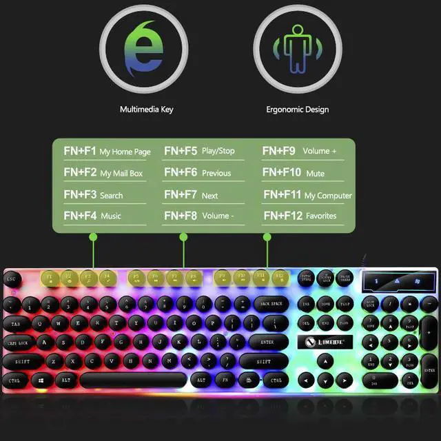 Alt view image 5 of 7 - CORN KM101  Ergonomic Design, Cool Exterior  Rainbow Backlit  USB wired Keyboard And 1600DPI Mouse Combo For Office And Game - Black