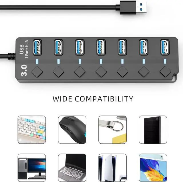 Alt view image 7 of 7 - USB 3.0 Hub, 7-Port USB Data Hub Splitter with 3.9ft/1.2m Long Cable USB Extension for Laptop,PC Computer,Surface Pro, PS4/5, Flash Drive, Mobile HDD - with LED Individual On/Off