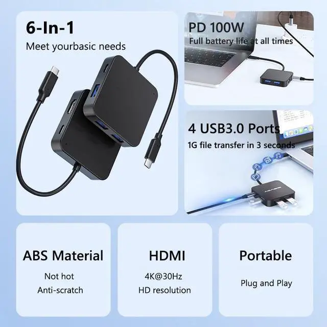 Alt view image 2 of 7 - USB C Hub, 0.6ft 6-in-1 USB C OTG Dongle with 4K@30Hz HDMI , 100W PD, USB A 3.0, USB C for Laptop MacBook Pro/Air, USB C Hub Multiport Adapter, Type C Hub for Laptops and Other USB C Devices