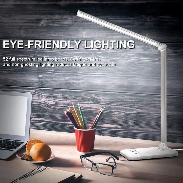 Alt view image 2 of 6 - LED Desk Lamp Dimmable Table Lamp Reading Lamp with USB Charging Port, 5 Lighting Modes, Sensitive Control, 30/60 Minutes Auto-Off Timer, Eye-Caring Office Lamp