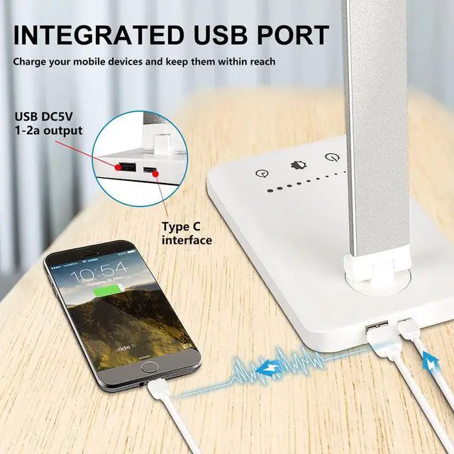 Alt view image 3 of 6 - LED Desk Lamp Dimmable Table Lamp Reading Lamp with USB Charging Port, 5 Lighting Modes, Sensitive Control, 30/60 Minutes Auto-Off Timer, Eye-Caring Office Lamp