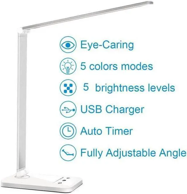 Alt view image 6 of 6 - LED Desk Lamp Dimmable Table Lamp Reading Lamp with USB Charging Port, 5 Lighting Modes, Sensitive Control, 30/60 Minutes Auto-Off Timer, Eye-Caring Office Lamp
