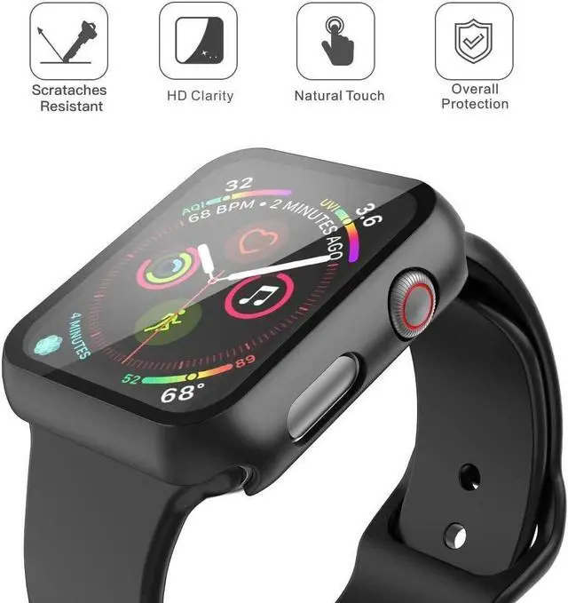 Alt view image 4 of 7 - 2 Pack Hard PC with Tempered Glass Screen Protector Case with Apple Watch Series 6/SE Series 5 Series 4 44mm, Overall Shockproof Protective Cover, One-Piece Protection Design, Black+Transparent