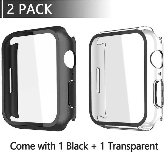 Main image of 2 Pack Hard PC with Tempered Glass Screen Protector Case with Apple Watch Series 6/SE Series 5 Series 4 44mm, Overall Shockproof Protective Cover, One-Piece Protection Design, Black+Transparent