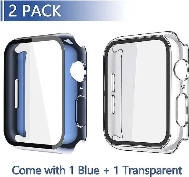 Main image of 2 Pack Hard PC with Tempered Glass Screen Protector Case with Apple Watch Series 6/SE Series 5 Series 4 44mm, Overall Shockproof Protective Cover, One-Piece Protection Design, Blue+Transparent