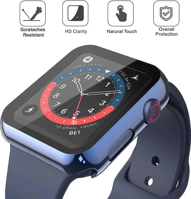 Alt view image 4 of 7 - 2 Pack Hard PC with Tempered Glass Screen Protector Case with Apple Watch Series 6/SE Series 5 Series 4 44mm, Overall Shockproof Protective Cover, One-Piece Protection Design, Blue+Transparent