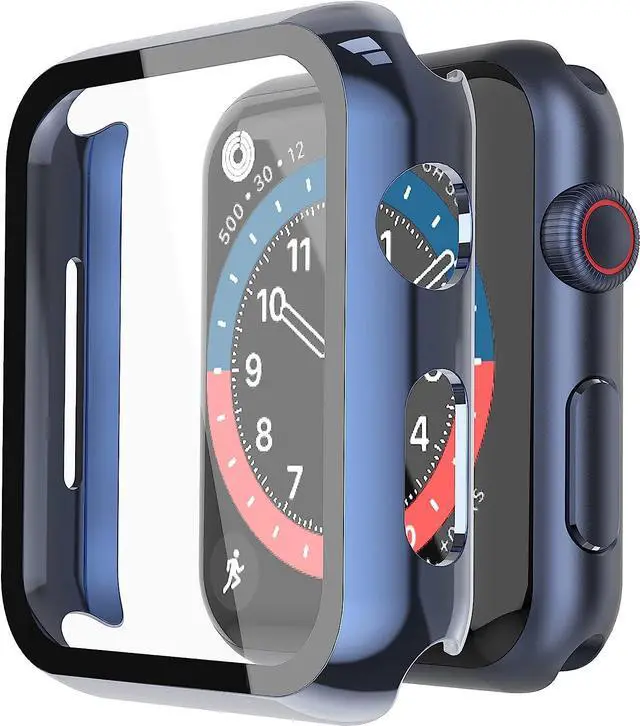 Alt view image 2 of 7 - 2 Pack Hard PC with Tempered Glass Screen Protector Case with Apple Watch Series 6/SE Series 5 Series 4 44mm, Overall Shockproof Protective Cover, One-Piece Protection Design, Blue+Transparent