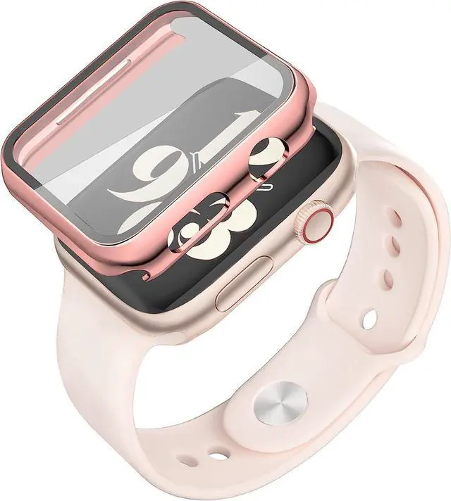 Alt view image 5 of 7 - 2 Pack Hard PC with Tempered Glass Screen Protector Case with Apple Watch Series 6/SE Series 5 Series 4 44mm, Overall Shockproof Protective Cover, One-Piece Protection Design, Pink+Transparent