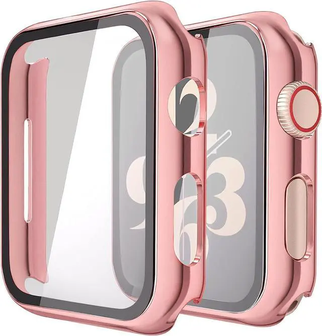 Alt view image 2 of 7 - 2 Pack Hard PC with Tempered Glass Screen Protector Case with Apple Watch Series 6/SE Series 5 Series 4 44mm, Overall Shockproof Protective Cover, One-Piece Protection Design, Pink+Transparent