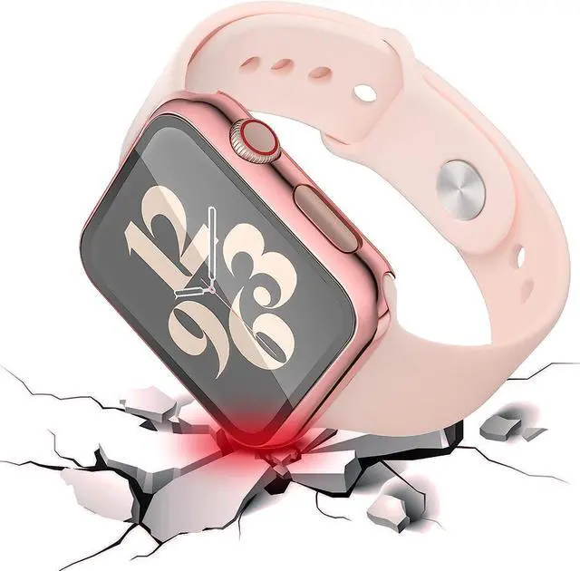 Alt view image 4 of 7 - 2 Pack Hard PC with Tempered Glass Screen Protector Case with Apple Watch Series 6/SE Series 5 Series 4 44mm, Overall Shockproof Protective Cover, One-Piece Protection Design, Pink+Transparent