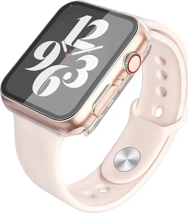 Alt view image 4 of 7 - 2 Pack Hard PC Case with Tempered Glass Screen Protector Compatible with Apple Watch Series 8 Series 7 45mm, Ultra-Thin Scratch Resistant Overall Protective Cover for iWatch S8 / S7, Pink+Transparent