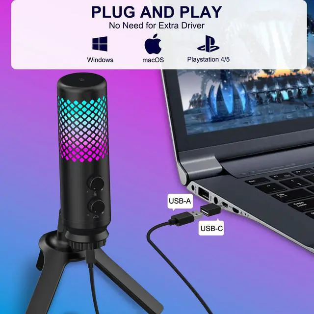 Alt view image 4 of 6 - CORN USB RGB Gaming Microphone for PS5, VeGue PC Condenser Mic with Adjustable Tripod Stand, Quick Mute, No-Latency Monitor