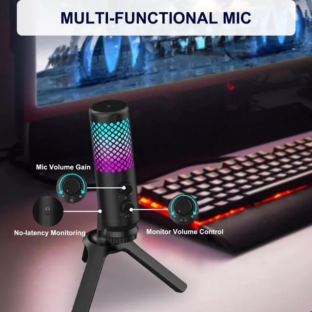 Alt view image 2 of 6 - CORN USB RGB Gaming Microphone for PS5, VeGue PC Condenser Mic with Adjustable Tripod Stand, Quick Mute, No-Latency Monitor