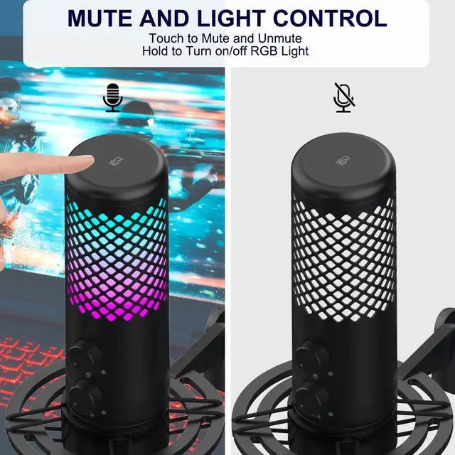 Alt view image 3 of 6 - CORN USB RGB Gaming Microphone for PS5, VeGue PC Condenser Mic with Adjustable Tripod Stand, Quick Mute, No-Latency Monitor
