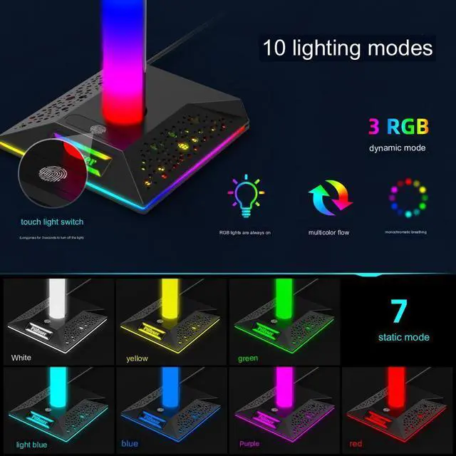 Alt view image 5 of 6 - RGB Gaming Headphone Stand with USB Ports Headphone Holder Touch Control Light Desktop Gaming Headset Holder Earphone Hanger
