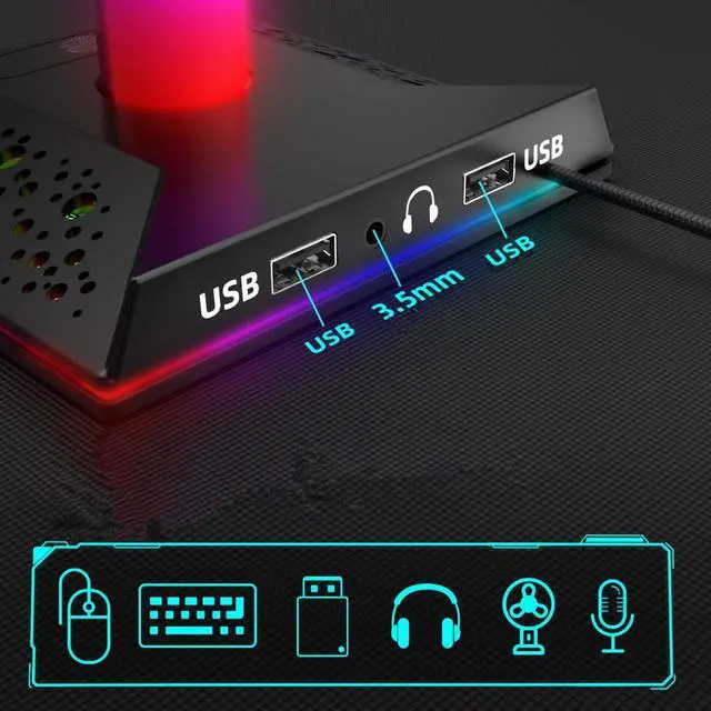 Alt view image 3 of 6 - RGB Gaming Headphone Stand with USB Ports Headphone Holder Touch Control Light Desktop Gaming Headset Holder Earphone Hanger