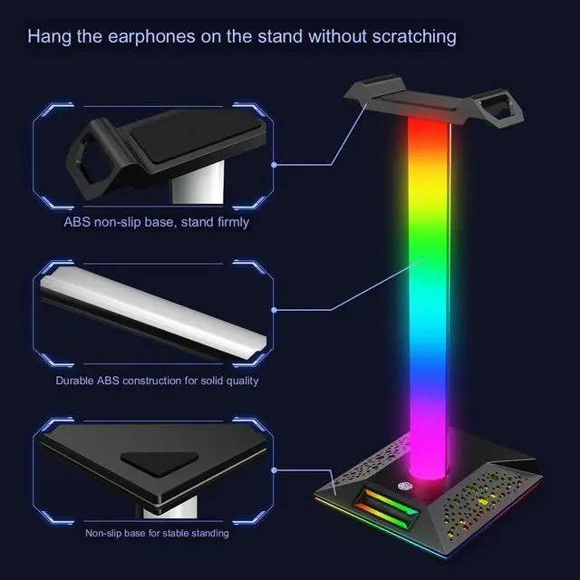 Alt view image 4 of 6 - RGB Gaming Headphone Stand with USB Ports Headphone Holder Touch Control Light Desktop Gaming Headset Holder Earphone Hanger