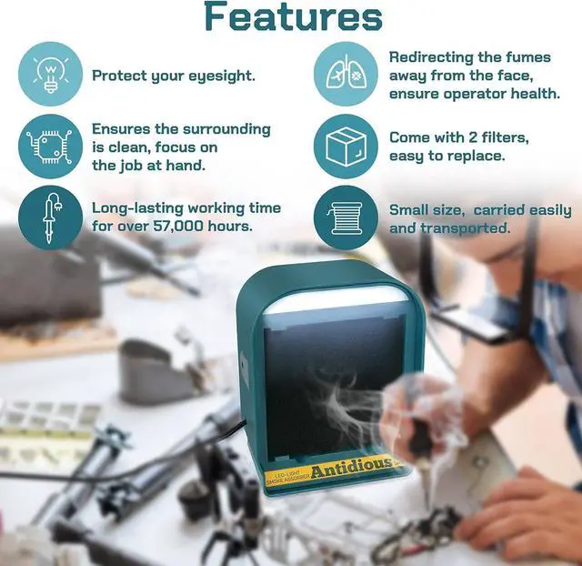 Alt view image 5 of 7 - Fume Extractor Solder Smoke Absorber Portable Filter with LED Light for Soldering DIY Fan Extraction Equipment with Spare Activated Carbon for Braze Welding Soldering,Fume Prevention Remover