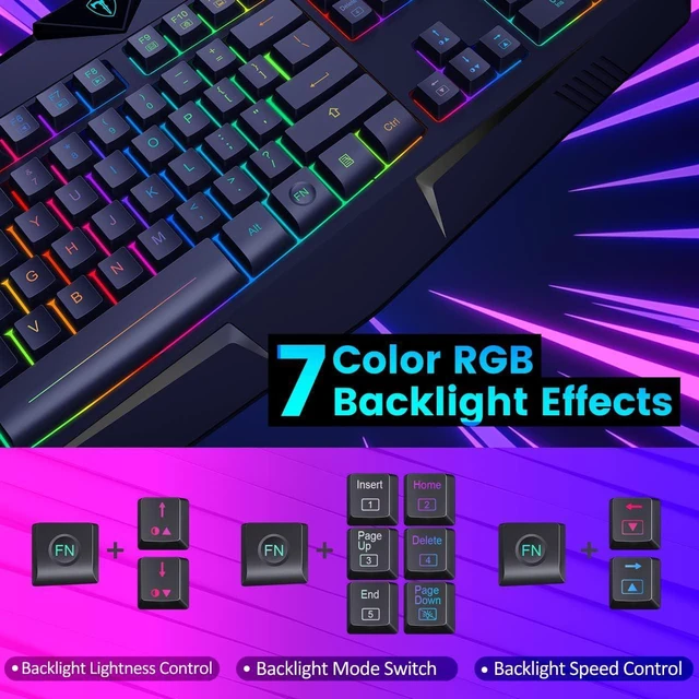 Alt view image 2 of 7 - RGB Gaming Keyboard RGB LED Backlit Illuminated 104 Key Silent Keyboard with Wrist Rest for Windows PC Games (RGB Backlit), Silent Keys, Multimedia Keys, Anti-ghosting, Waterproof Light Up USB Wired K