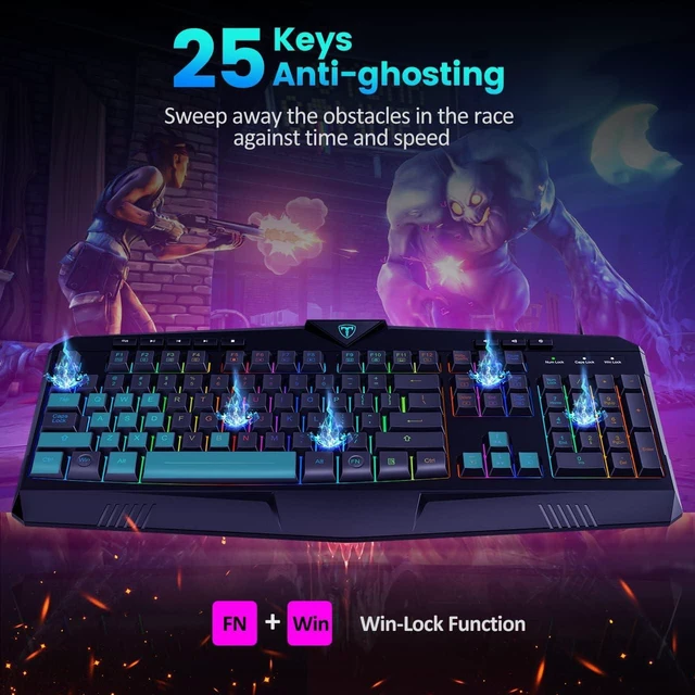 Alt view image 6 of 7 - RGB Gaming Keyboard RGB LED Backlit Illuminated 104 Key Silent Keyboard with Wrist Rest for Windows PC Games (RGB Backlit), Silent Keys, Multimedia Keys, Anti-ghosting, Waterproof Light Up USB Wired K