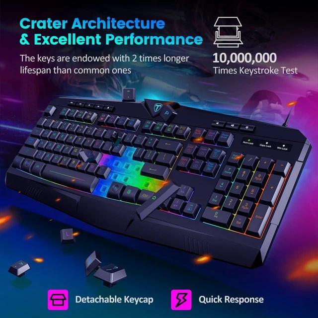Alt view image 4 of 7 - RGB Gaming Keyboard RGB LED Backlit Illuminated 104 Key Silent Keyboard with Wrist Rest for Windows PC Games (RGB Backlit), Silent Keys, Multimedia Keys, Anti-ghosting, Waterproof Light Up USB Wired K