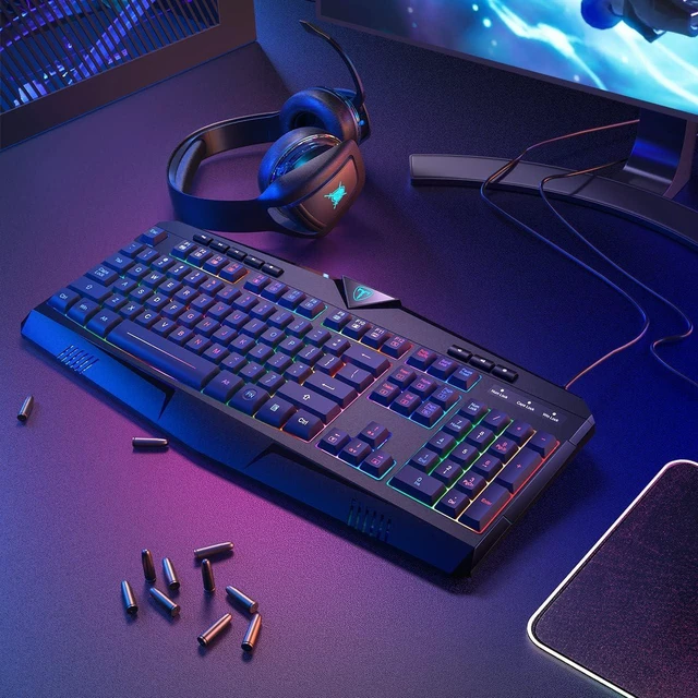 Alt view image 7 of 7 - RGB Gaming Keyboard RGB LED Backlit Illuminated 104 Key Silent Keyboard with Wrist Rest for Windows PC Games (RGB Backlit), Silent Keys, Multimedia Keys, Anti-ghosting, Waterproof Light Up USB Wired K