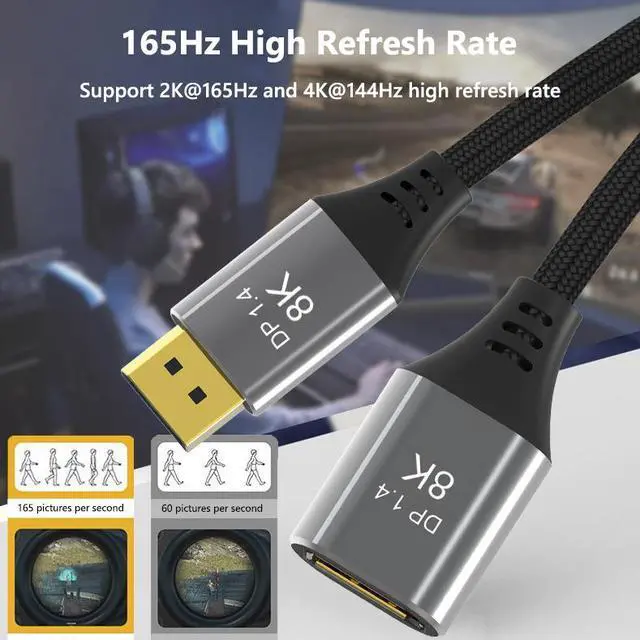 Alt view image 3 of 5 - Corn 8K DisplayPort Extension Cable 1.6Feet/0.5m, DP to DP 1.4 Extension Cable, Male to Female,32.4Gbps,Supports 8K@60Hz 30Hz, 4K@30Hz 60Hz 120Hz,2K@165Hz High Refresh Rate