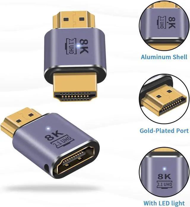 Alt view image 6 of 6 - 8K HDMI Adapter 2Pack, HDMI 2.1 Male to Female Adapter 48Gbps HDMI 2.1 Male to Male Adapter, UHD HDMI 2.1 Extender Connector with 8K@60Hz, 4K@120Hz, HDR, eARC for HDTV Laptop PS4 PS5 Xbox
