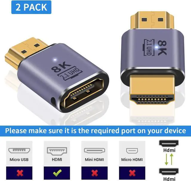 Alt view image 3 of 6 - 8K HDMI Adapter 2Pack, HDMI 2.1 Male to Female Adapter 48Gbps HDMI 2.1 Male to Male Adapter, UHD HDMI 2.1 Extender Connector with 8K@60Hz, 4K@120Hz, HDR, eARC for HDTV Laptop PS4 PS5 Xbox